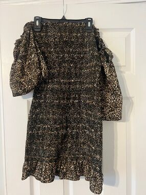 Topshop Leopard Print Off-Shoulder Smocked Mini Dress - Black & Brown